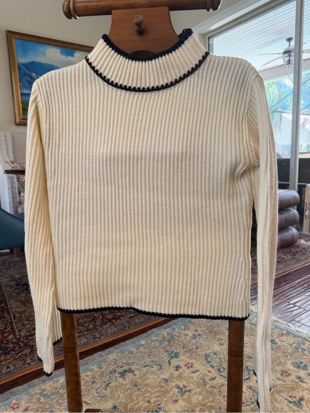 Cream Ribbed Mock Neck Sweater with Black Trim size s